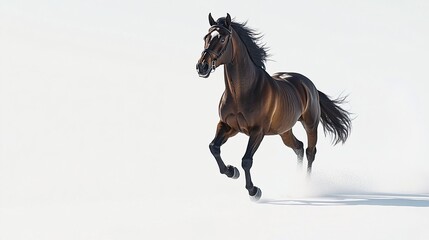 Naklejka na meble A powerful bay horse gallops mid-stride, its muscles flexed and mane flowing, isolated against a pure white background 