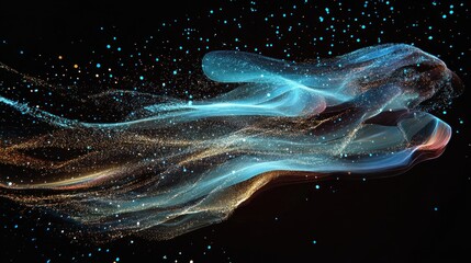 Poster - Abstract swirling particles, glowing light trails on black background.