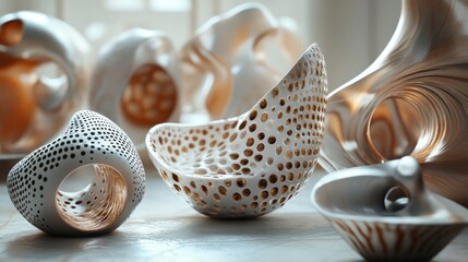 Poster - Abstract white and gold ceramic sculptures with intricate designs, displayed on a light surface.
