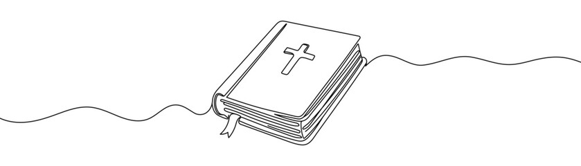 Continuous one line drawing silhouette of Bible. Bible linear icon. One line drawing background. Vector illustration. Hand drawn Editable stroke