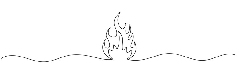 Fire flame one continuous line drawing. Abstract black and white minimal single line art, Flame in continuous one line drawing. Editable stroke