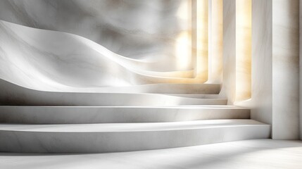 Poster - Abstract white marble staircase with curved lines and soft lighting.