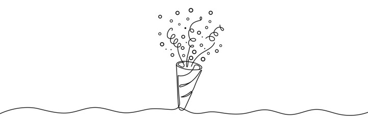 Party popper one line with ribbon and confetti .Congratulate and celebrate elements. Confetti logo. Continuous line party popper. Exploding cracker simple hand drawing icon. Editable stroke