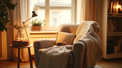 Poster - Cozy armchair with blanket near window in warm lit room.