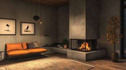 Poster - Cozy living room with orange sofa, modern fireplace, and autumnal decor.