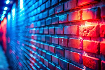 Poster - Vibrant Neon Lights Reflecting on Rough Brick Wall - Urban Night Photography