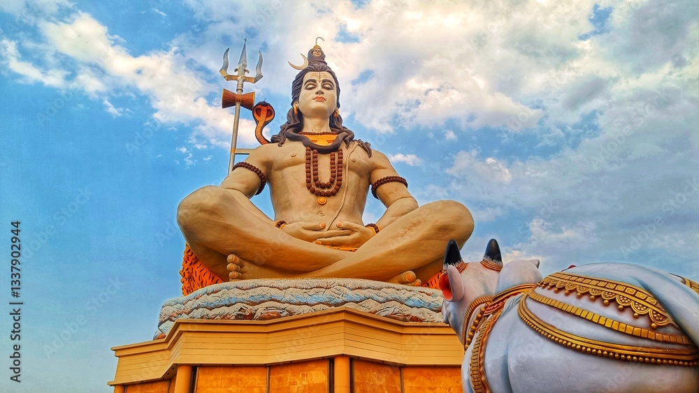 A majestic Lord Shiva statue stands tall under the open sky at Char Dham,  Mathura Vrindavan, reflecting divine grace and spiritual serenity in a  sacred pilgrimage site. Stock Photo | Adobe Stock