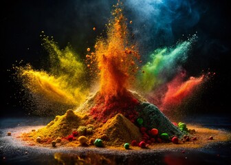 Poster - Vibrant Spice Explosion: Colorful Powder Burst in Low Light Photography