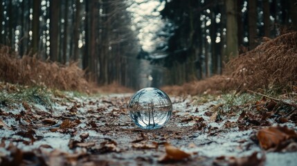 Poster - Crystal ball reflecting winter forest path.