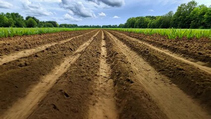 Wall Mural - lush green crops thrive freshly plowed agricultural fields cloudy sky, showcasing fertile soil and