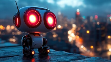 Aufkleber - Cute robot overlooking a futuristic city at night.
