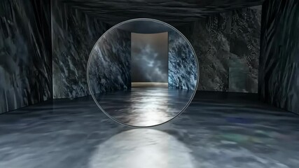 Poster - Circular mirror reflecting an abstract interior design in a modern space