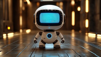 Leinwandbilder - Cute white robot with screen in futuristic hallway.