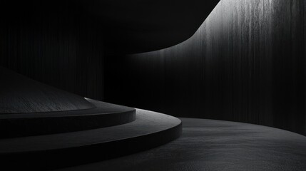 Aufkleber - Dark, abstract interior with curved walls and steps, illuminated by a single light source.