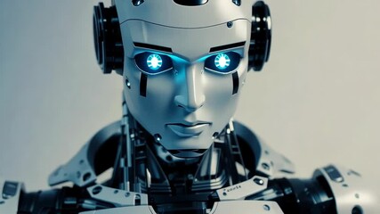 Poster - Robotic humanoid figure with glowing eyes showcasing advanced technology in a futuristic setting