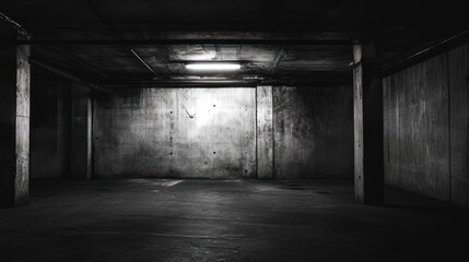 Poster - Dark, empty underground parking garage with concrete walls and floor, illuminated by a single fluorescent light.