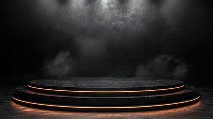 Poster - Dark stage with three circular platforms illuminated by spotlights and orange neon lights, smoky atmosphere.