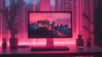 Poster - Desktop computer with mountain scene on screen, illuminated by pink neon lights, surrounded by houseplants.