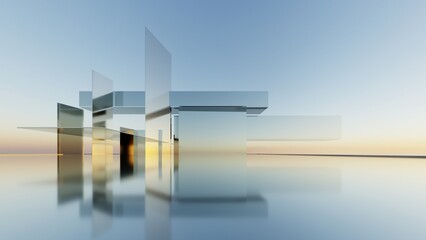 Poster - 3d illustration of abstract minimal architecture background, geometric architectural with chrome or glass design