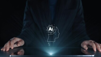 Poster - human interact with ai artificial intelligence brain processor in concept of ai artificial intellige