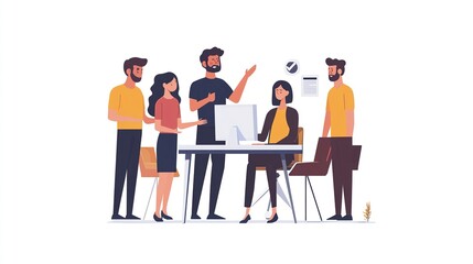 Poster - A confident customer service leader gestures while training new staff, the team gathered around a computer, showing teamwork and learning, in a minimalist vector illustration on a white background.  