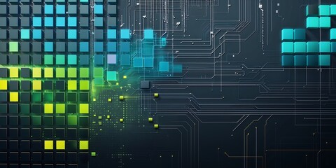 Poster - a futuristic digital-themed background with pixelated square patterns and thin circuit-like lines, representing innovation and connectivity