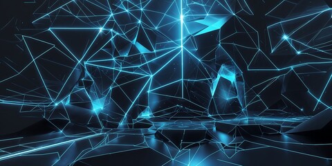 Fototapete - A futuristic geometric background with glowing blue wireframe lines forming a 3D grid, symbolizing technology and innovation