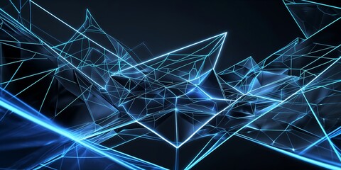 Fototapete - A futuristic geometric background with glowing blue wireframe lines forming a 3D grid, symbolizing technology and innovation