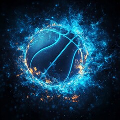 Leinwandbilder - Energetic Basketball: A Vivid Display of Light and Motion, Featuring a Blue Basketball Surrounded by Fiery Blue and Orange Energy