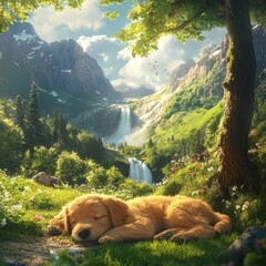 Poster - Golden slumber: A serene puppy nap amidst a picturesque landscape of mountains, waterfalls, and lush greenery under a tree.