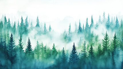 Wall Mural - watercolor illustration of green and blue pine forest on white or transparent background