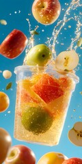 Poster - Fresh Fruit Splash in Clear Cup Against Vibrant Blue Background