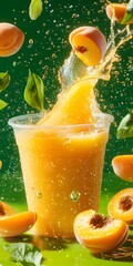 Poster - Refreshing Peach Juice with Splash and Fresh Basil Decoration