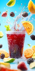 Poster - Refreshing Beverage Splash with Citrus and Berries Against Blue Background