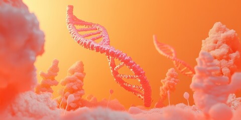 Poster - Abstract 3D Rendering of a DNA Helix in an Orange and Pink Cloud Landscape