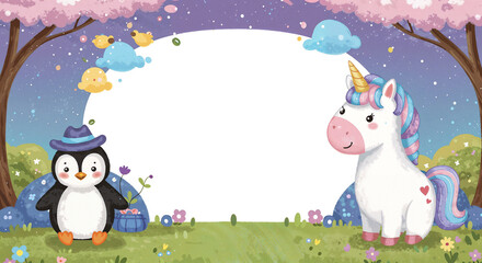 Poster - funny kids background with cute animals in fantasy style, mockup with space for text . Generative AI