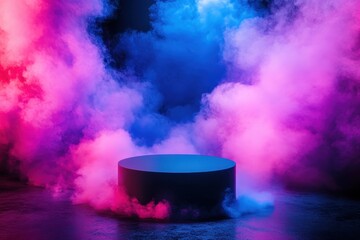Poster - Dark Cylindrical Platform in Pink and Blue Neon Smoke