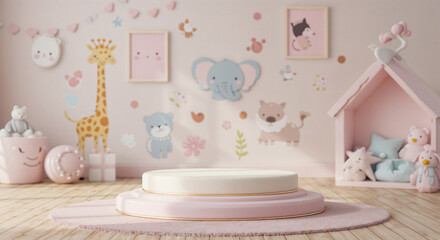 Poster - round podium for product presentation in children's room interior . Generative AI