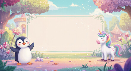 Poster - funny kids background with cute animals in fantasy style, mockup with space for text . Generative AI