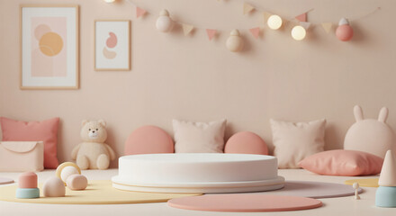 Poster - round podium for product presentation in children's room interior . Generative AI