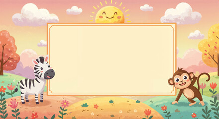 Poster - funny kids background with cute animals in fantasy style, mockup with space for text . Generative AI