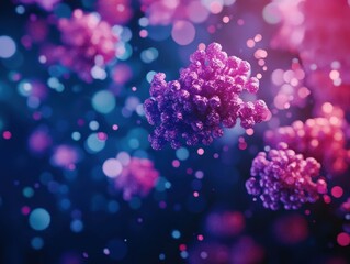Poster - Microscopic View of Purple and Pink Virus Cells in a Dark Blue Background