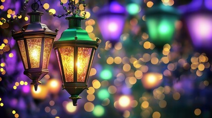Aufkleber - Ornate Lanterns Glowing with Warm Light Against a Blurred Colorful Background
