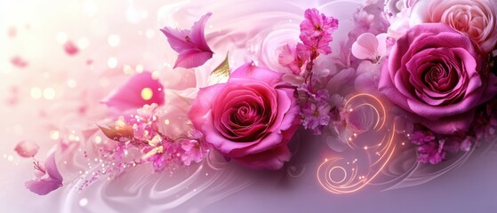 Poster - Pink and Purple Roses with Butterflies and Petals Soft Focus Floral Background