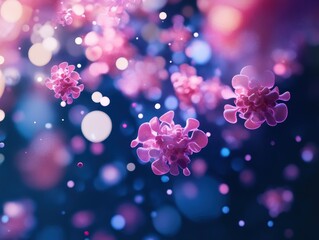 Poster - Pink And Purple Virus Particles Floating In Dark Blue Background