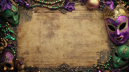 Aufkleber - Purple Gold Green Masks Beads Wooden Background Mardi Gras Carnival Party Celebration