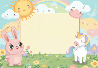 Poster - funny kids background with cute animals in fantasy style, mockup with space for text . Generative AI