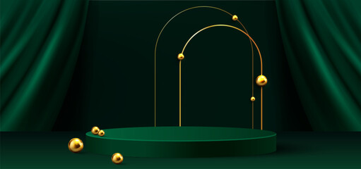Poster - green podium or pedestal with golden arches and floating spheres on dark emerald background. luxury 