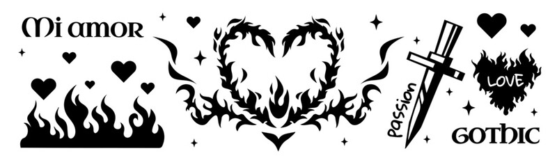 Poster - passion gothic graphic set - black heart shapes with flames, tribal pattern elements, knife and sign