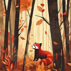 Poster - Red Panda in Autumn Forest